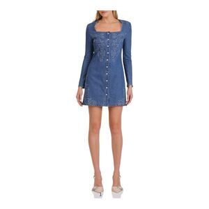 Avec Les Filles Western Embroidery Long Sleeve Denim Cowgirl Mini Dress Size 10